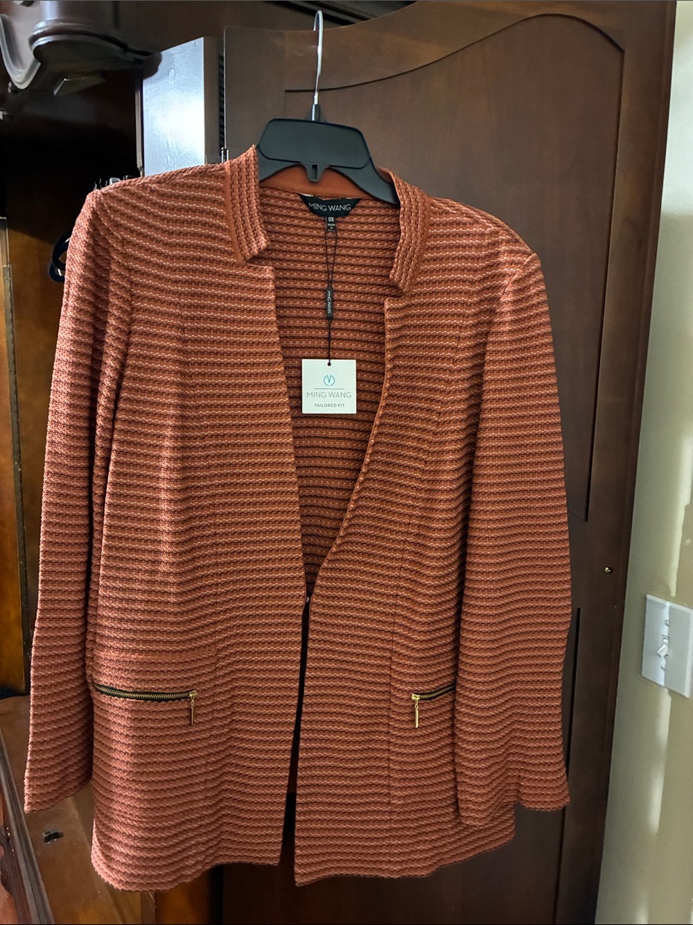 Ming Wang Tailored Fit Orange Open-Front Textured Knit Blazer